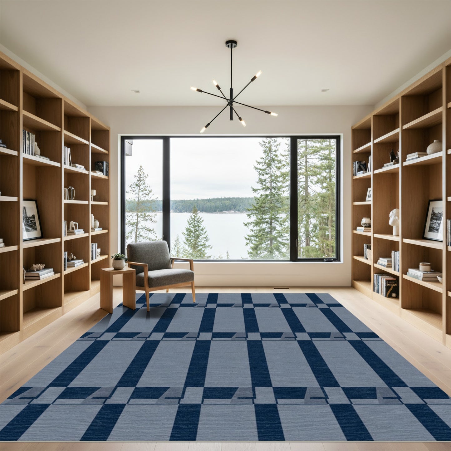 Deep Blue Wide Grid Rectangles Rug