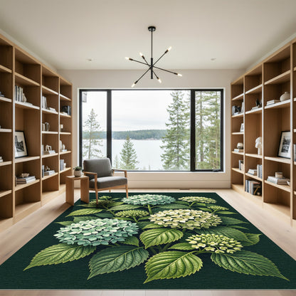 Botanical Hydrangea Floral Dark Green Rug