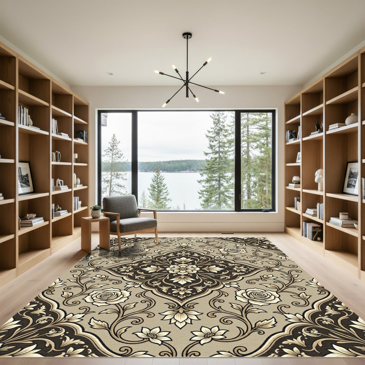 Elegant Beige Rose Floral Medallion Rug