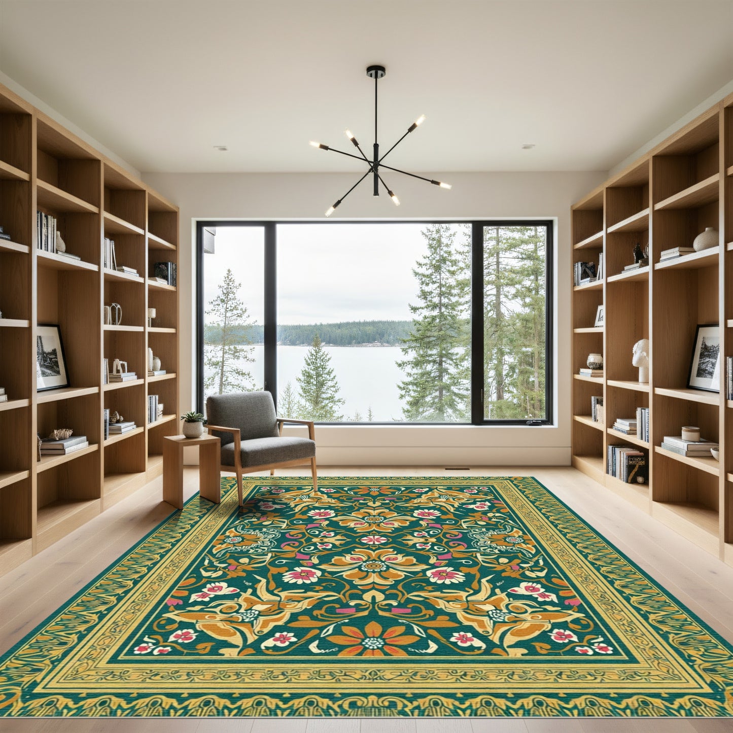 Teal Floral Medallion Border Rug