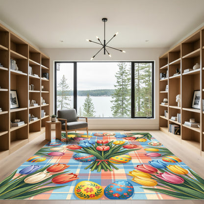 Vibrant Easter Tulip Plaid Bouquet Rug