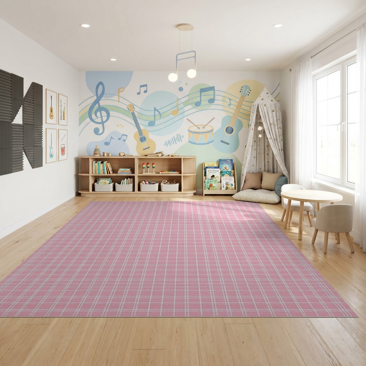 Geometric Pink White Grid Rug