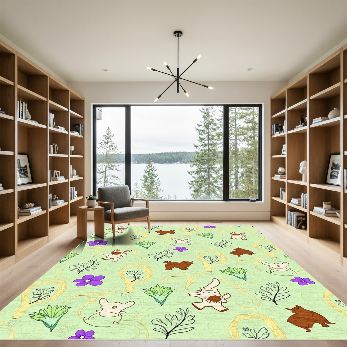 Whimsical Cream Animals Purple Flowers Rug
