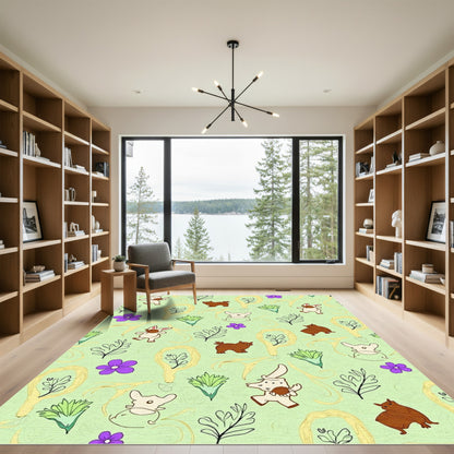 Whimsical Cream Animals Purple Flowers Rug