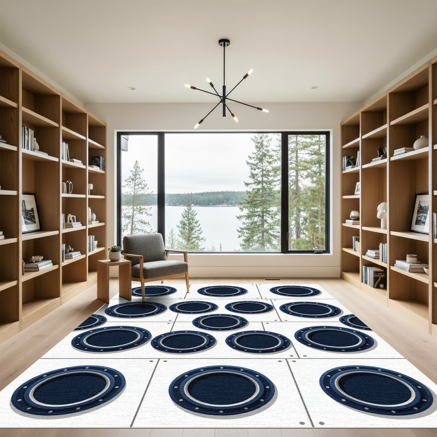 Modern Navy Nautical Porthole Grid Rug