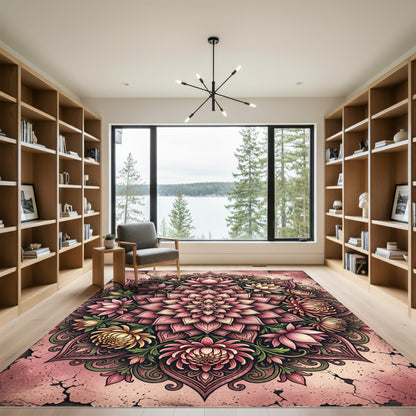 Blushing Lotus Mandala Floral Medallion Rug