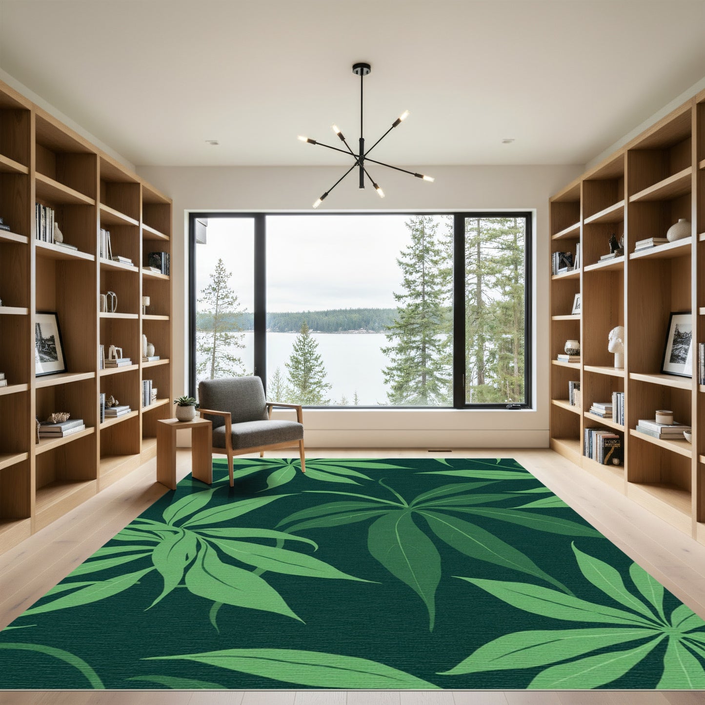Deep Green Tropical Palm Leaf Rug