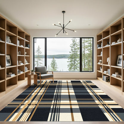 Classic Plaid Navy Gold Lines Rug