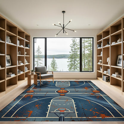 Distressed Blue Court Basketball Graphic Rug