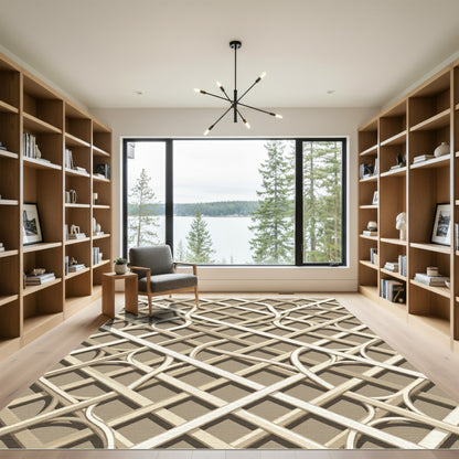 Geometric Beige Interlocking Lattice Grid Rug