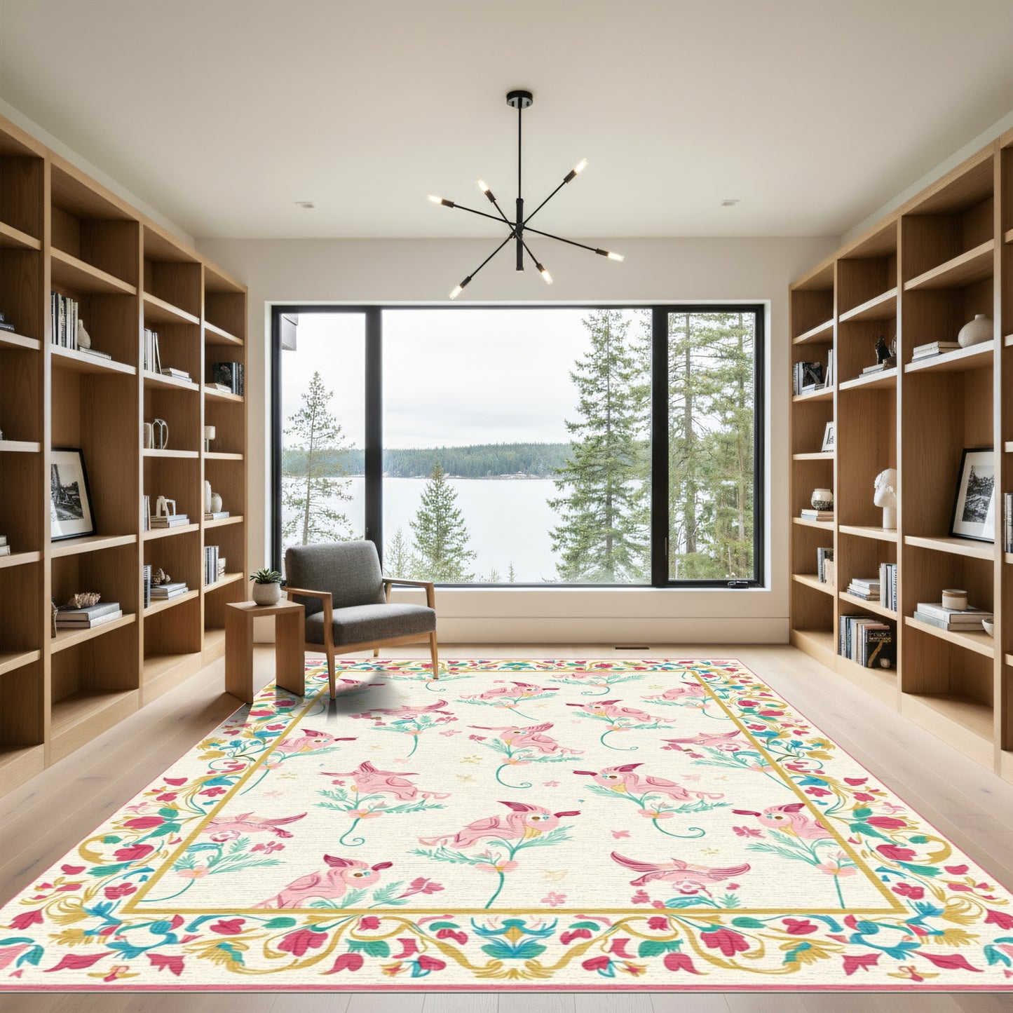 Pink Whimsical Bird Garden Scroll Rug