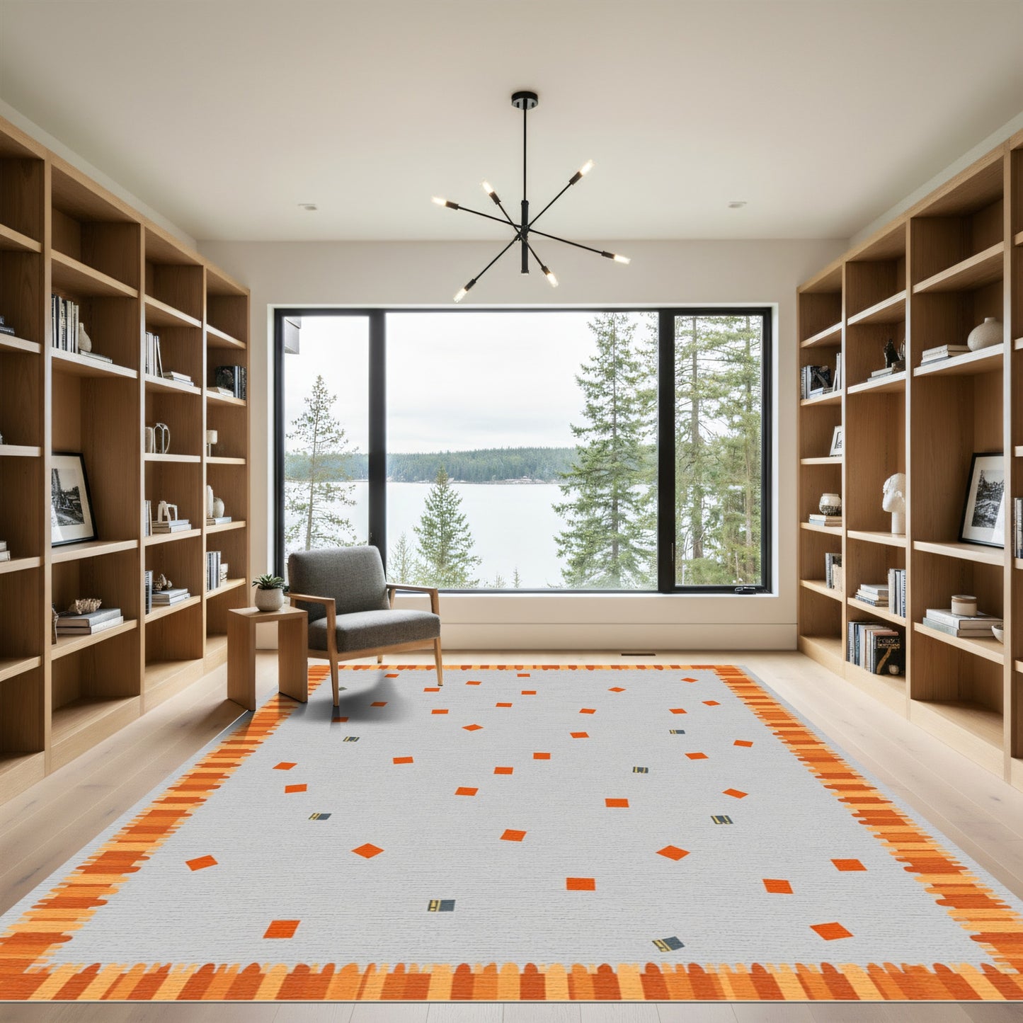 Orange White Scattered Squares Border Rug