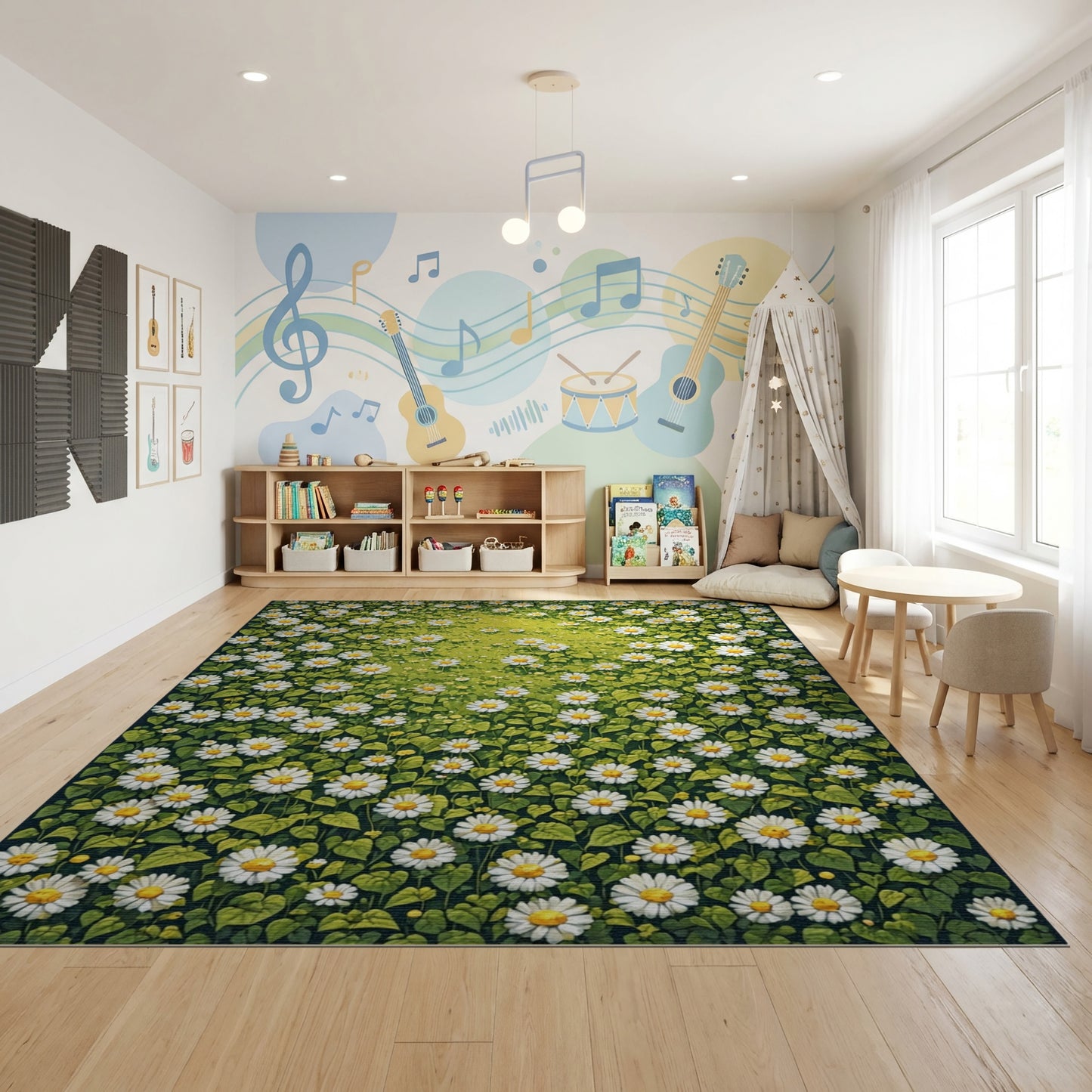 Vibrant White Daisy Meadow Rug