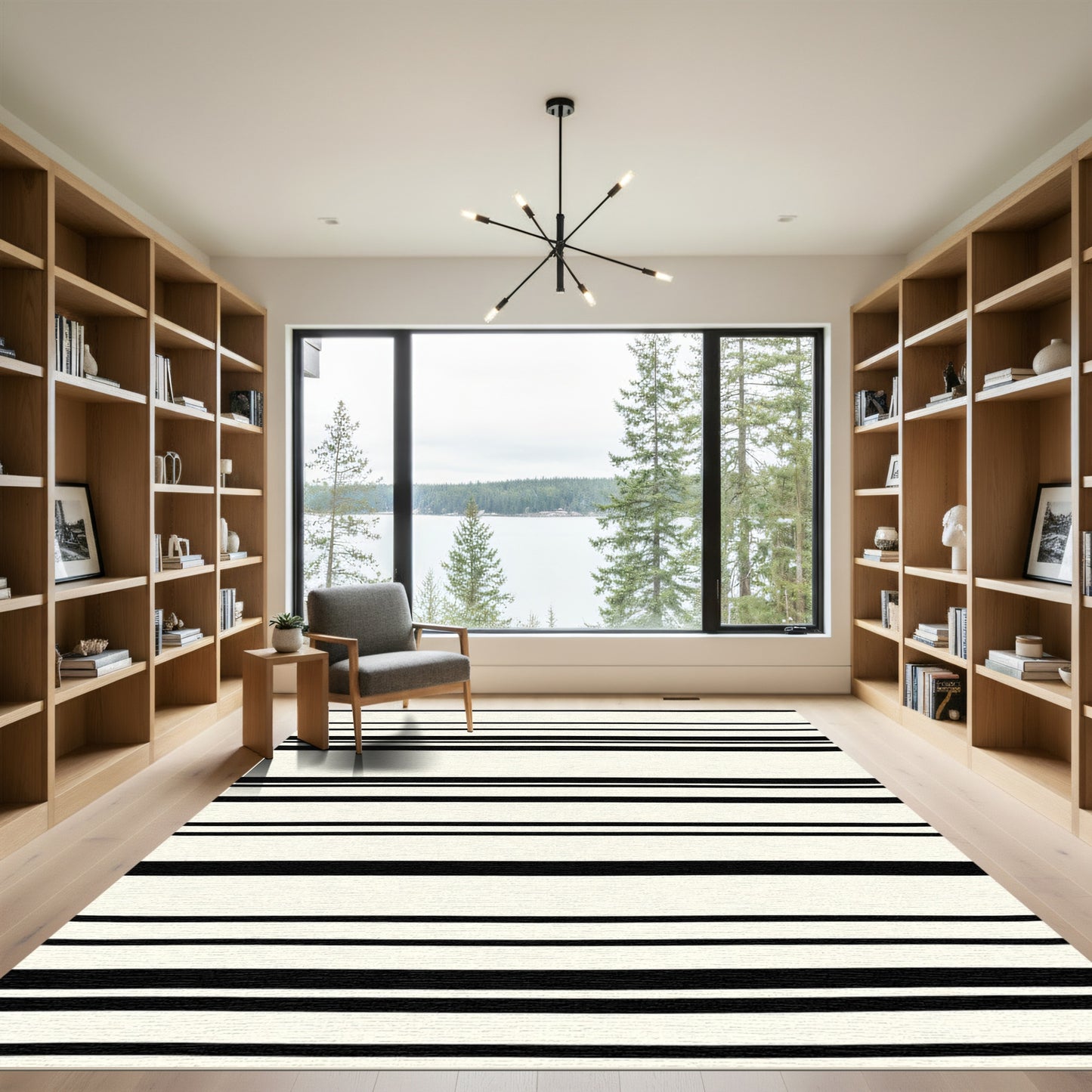 Bold Black Stripe Natural Linen Texture Rug