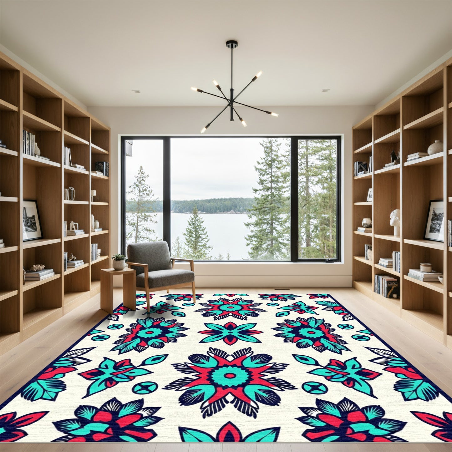 Bold Red Teal Floral Medallion Rug