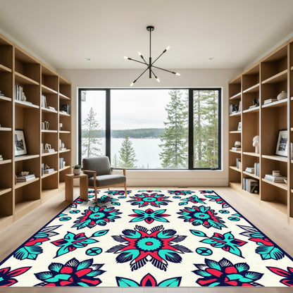 Bold Red Teal Floral Medallion Rug