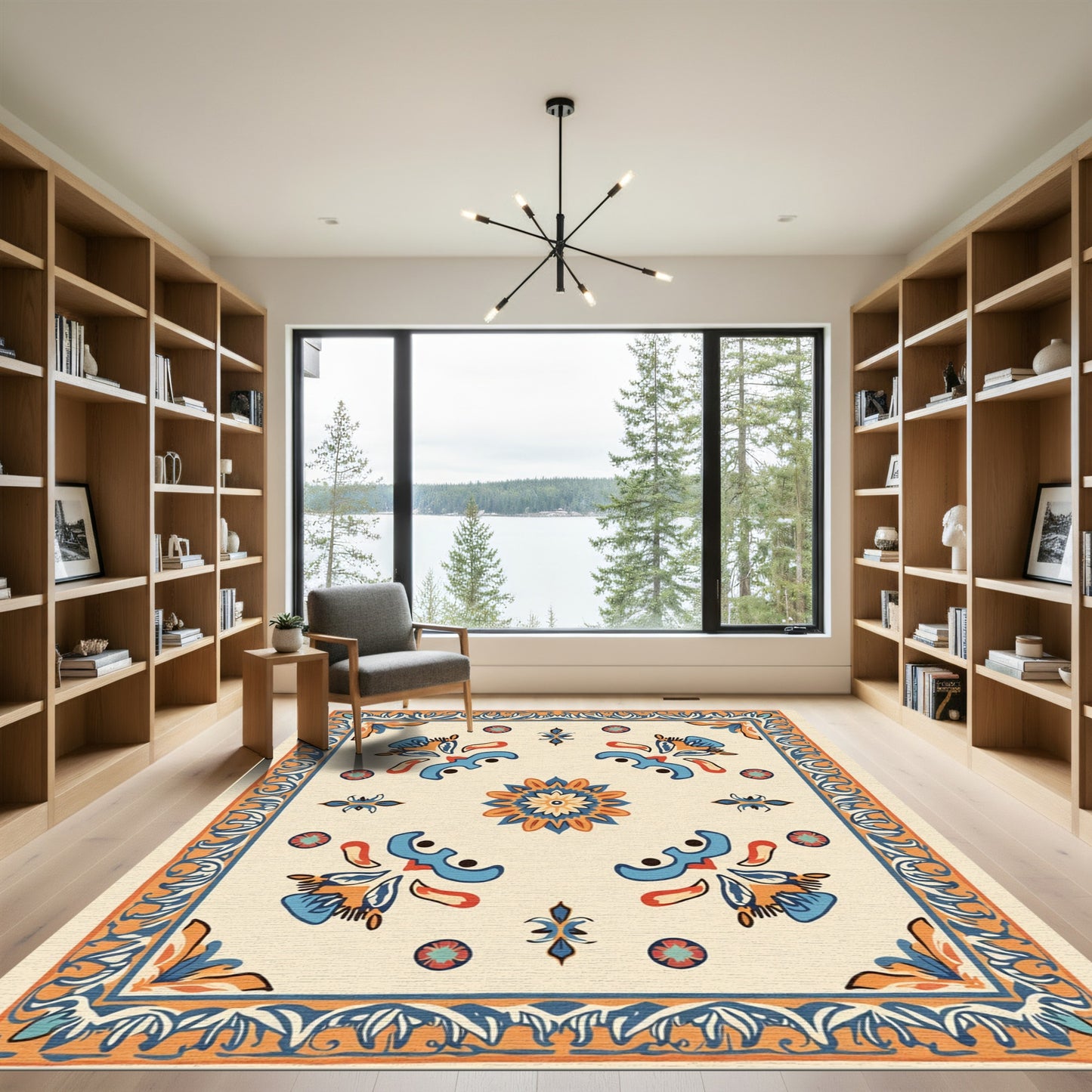 Cream Blue Orange Floral Medallion Rug