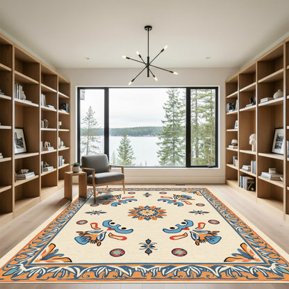 Cream Blue Orange Floral Medallion Rug