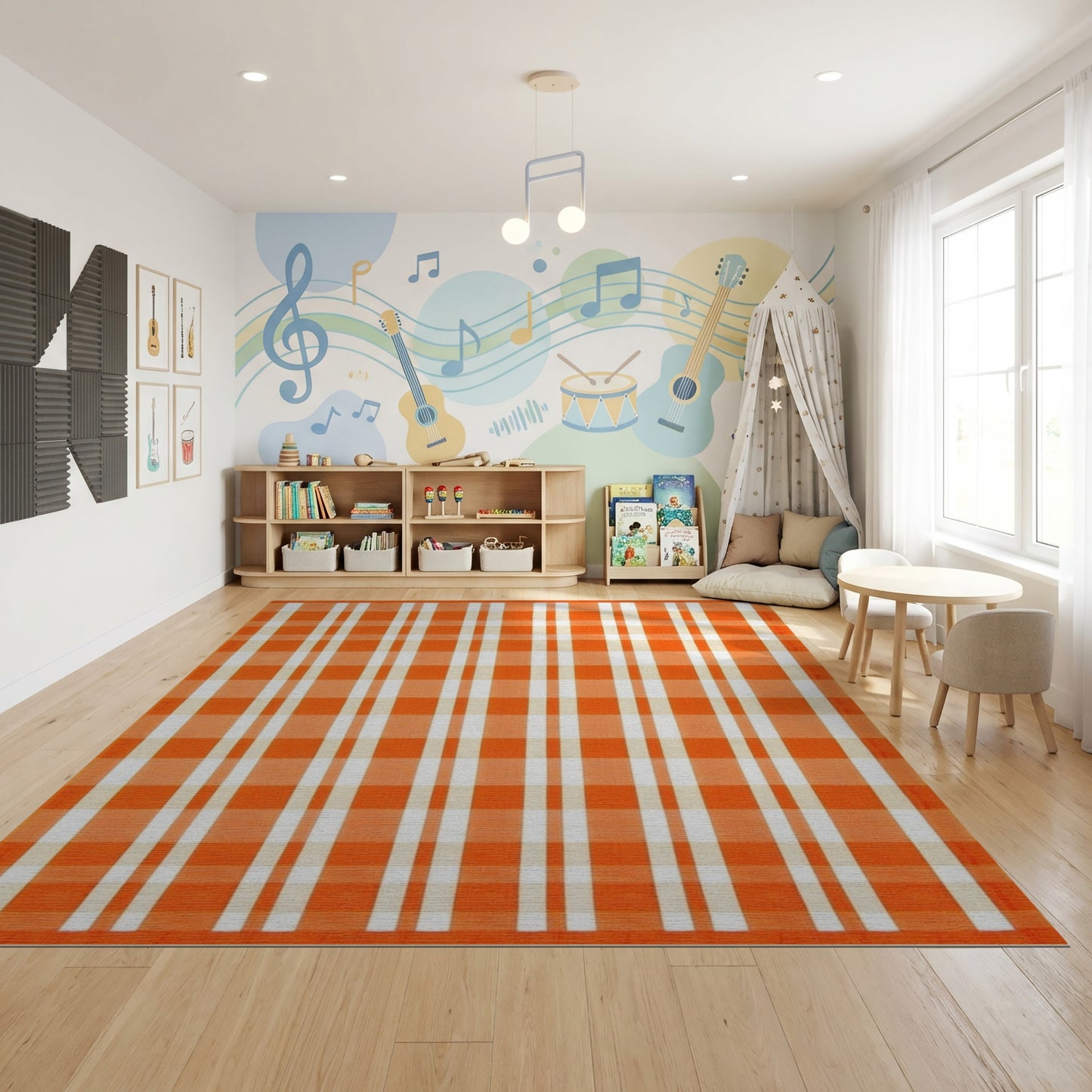 Bold Orange White Checkered Pattern Rug
