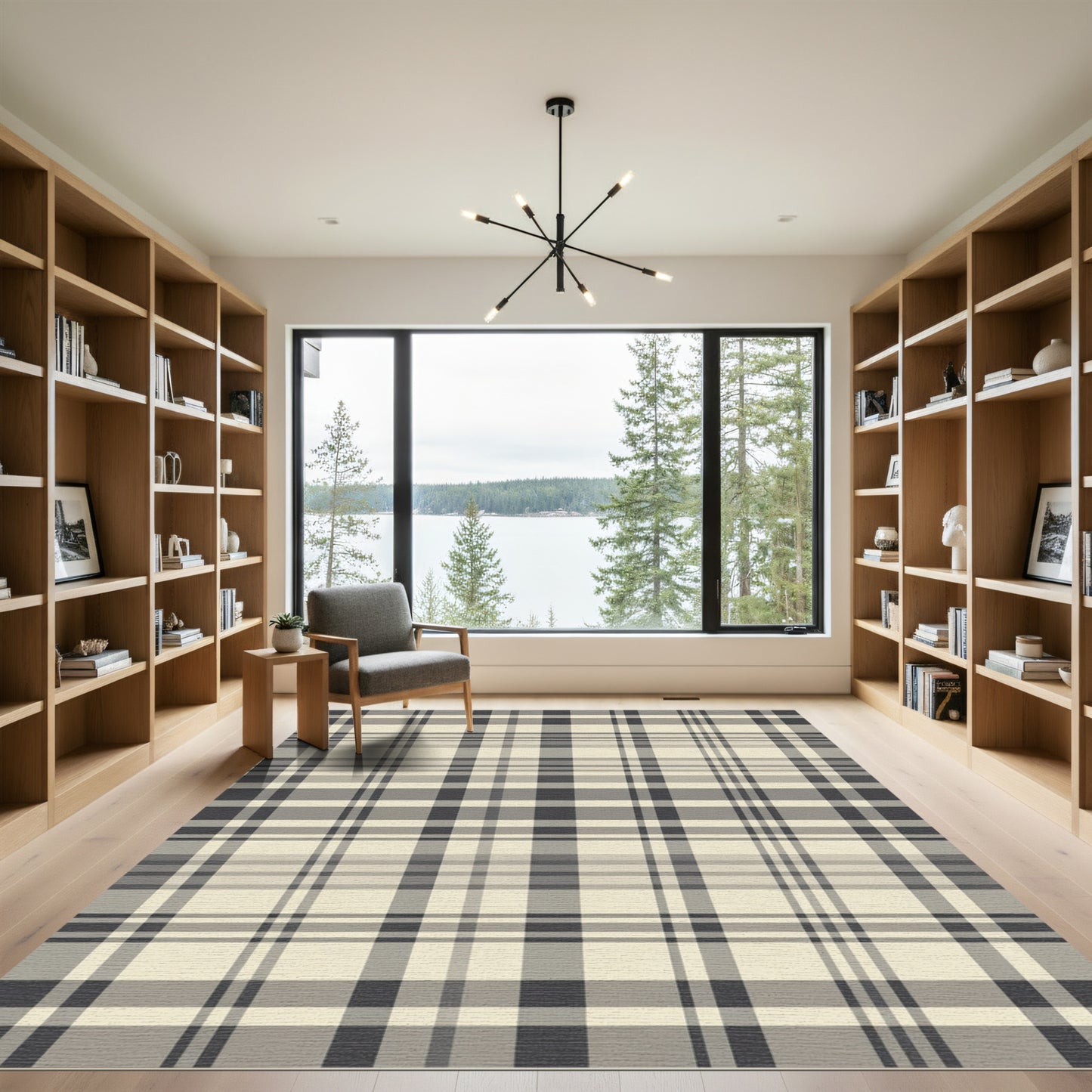 Classic Beige Charcoal Plaid Weave Rug