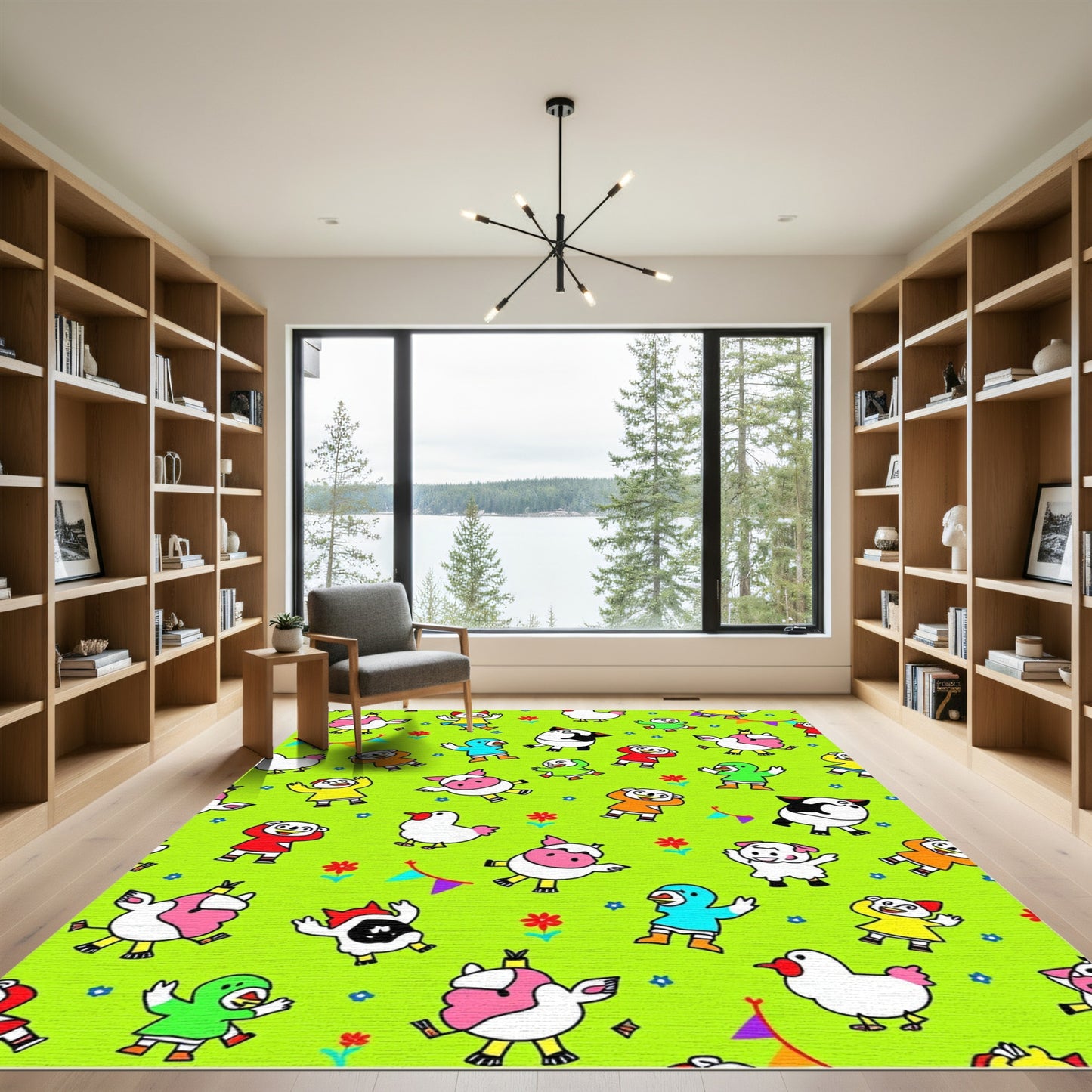 Playful Farm Animals Bright Floral Rug