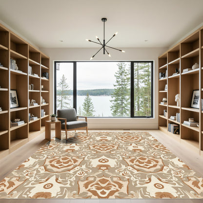 Rustic Amber Brown Symmetrical Bloom Rug