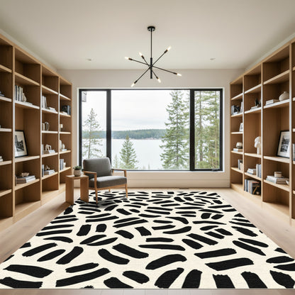 Black Brushstroke Abstract Cream Rug
