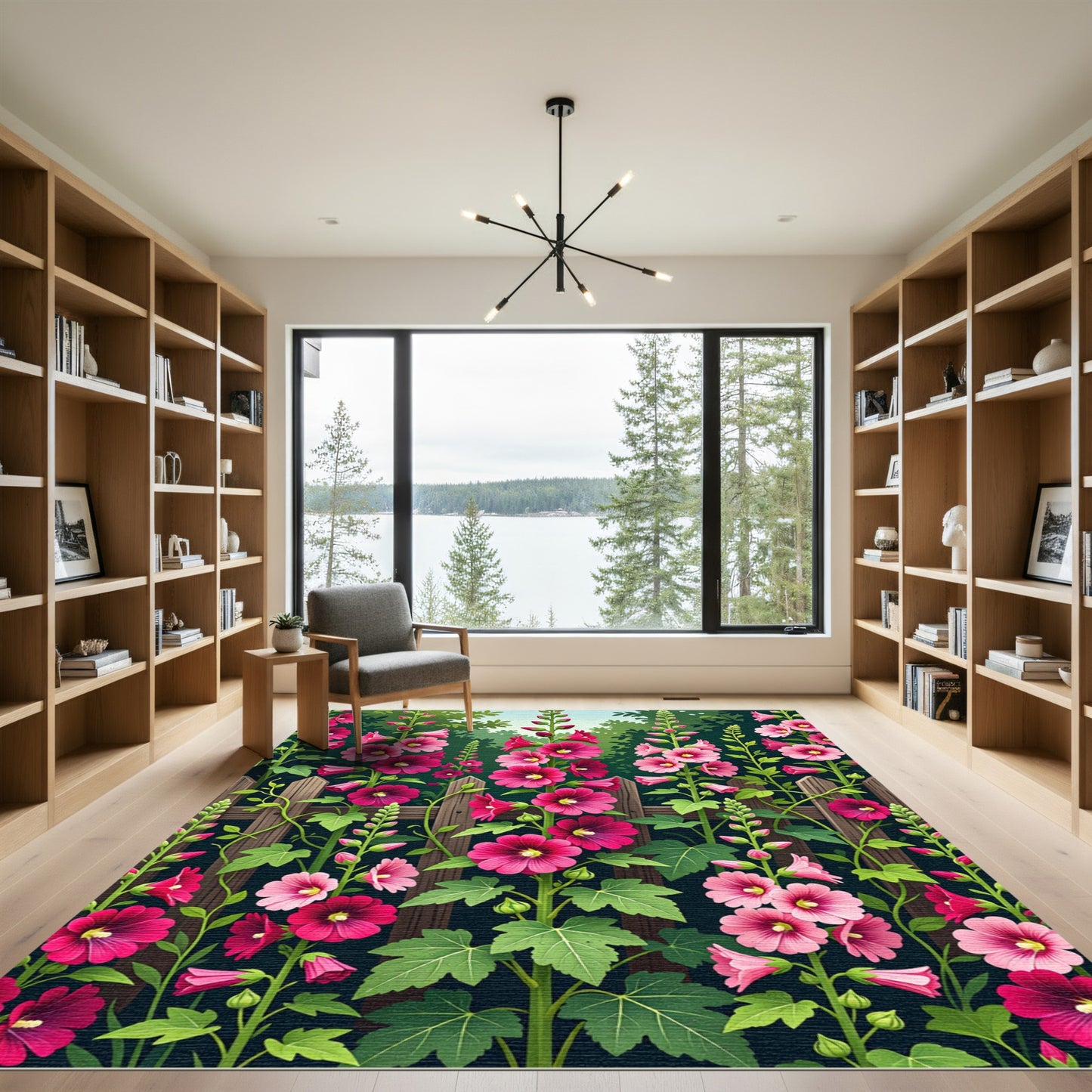 Pink Hollyhock Garden Fence Floral Rug