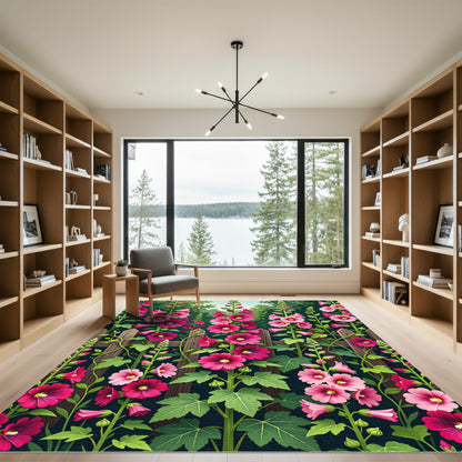 Pink Hollyhock Garden Fence Floral Rug