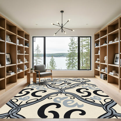 Black Gray Cream Script Lattice Rug