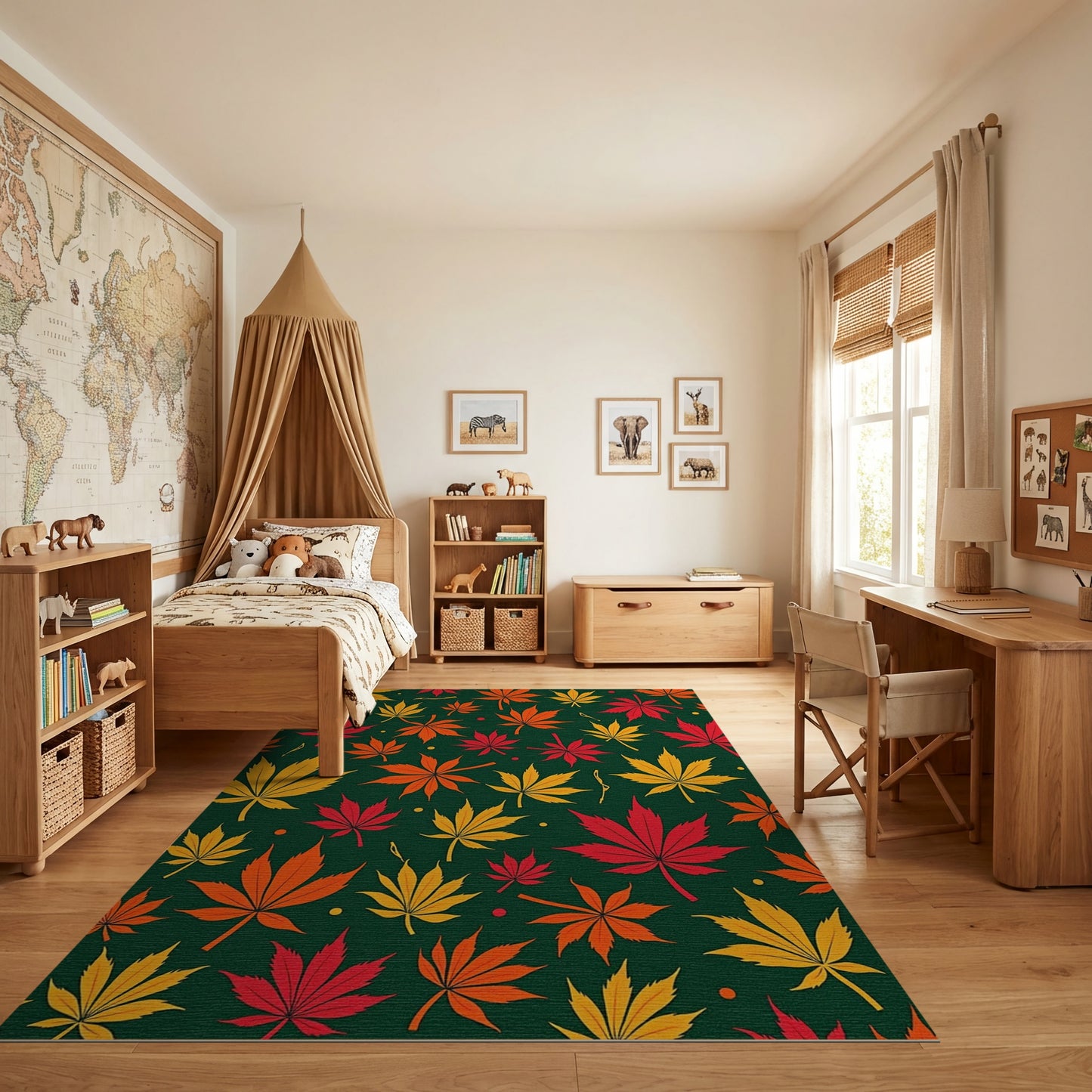 Vibrant Yellow Orange Red Leaves Green Rug