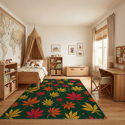 Vibrant Yellow Orange Red Leaves Green Rug