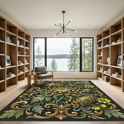 Vintage Golden Chrysanthemum Floral Scroll Rug