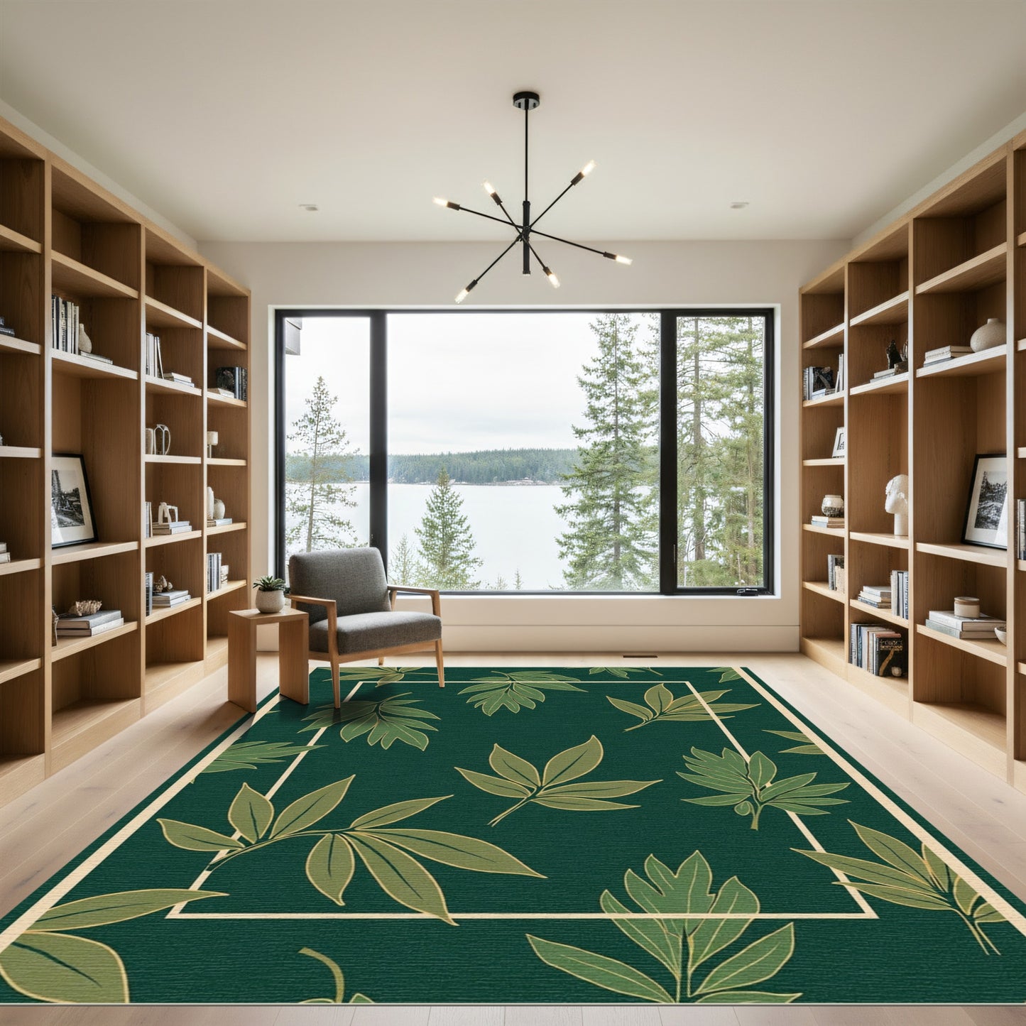 Emerald Green Leafy Branches Border Rug