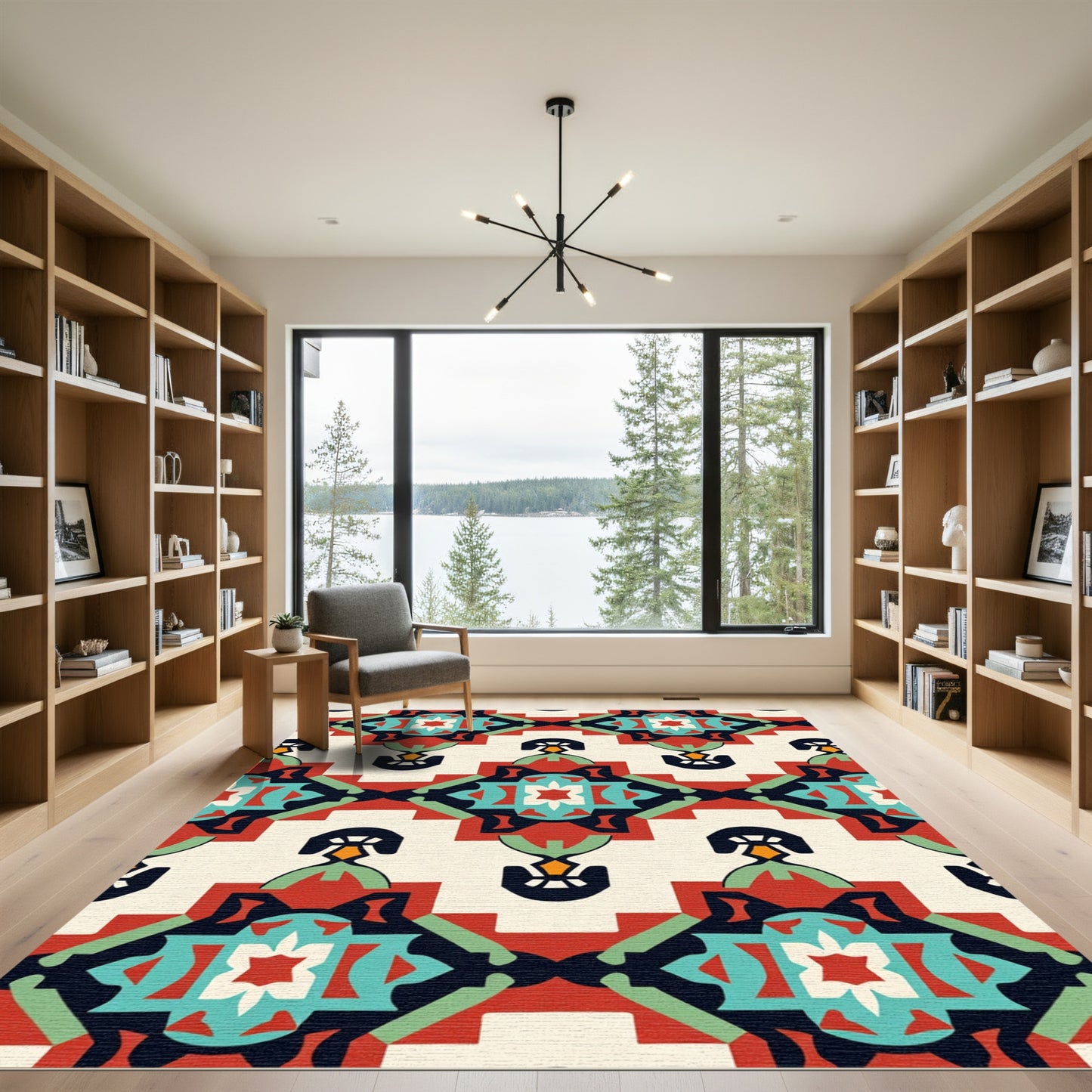 Bold Red Teal Geometric Medallion Rug