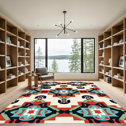 Bold Red Teal Geometric Medallion Rug