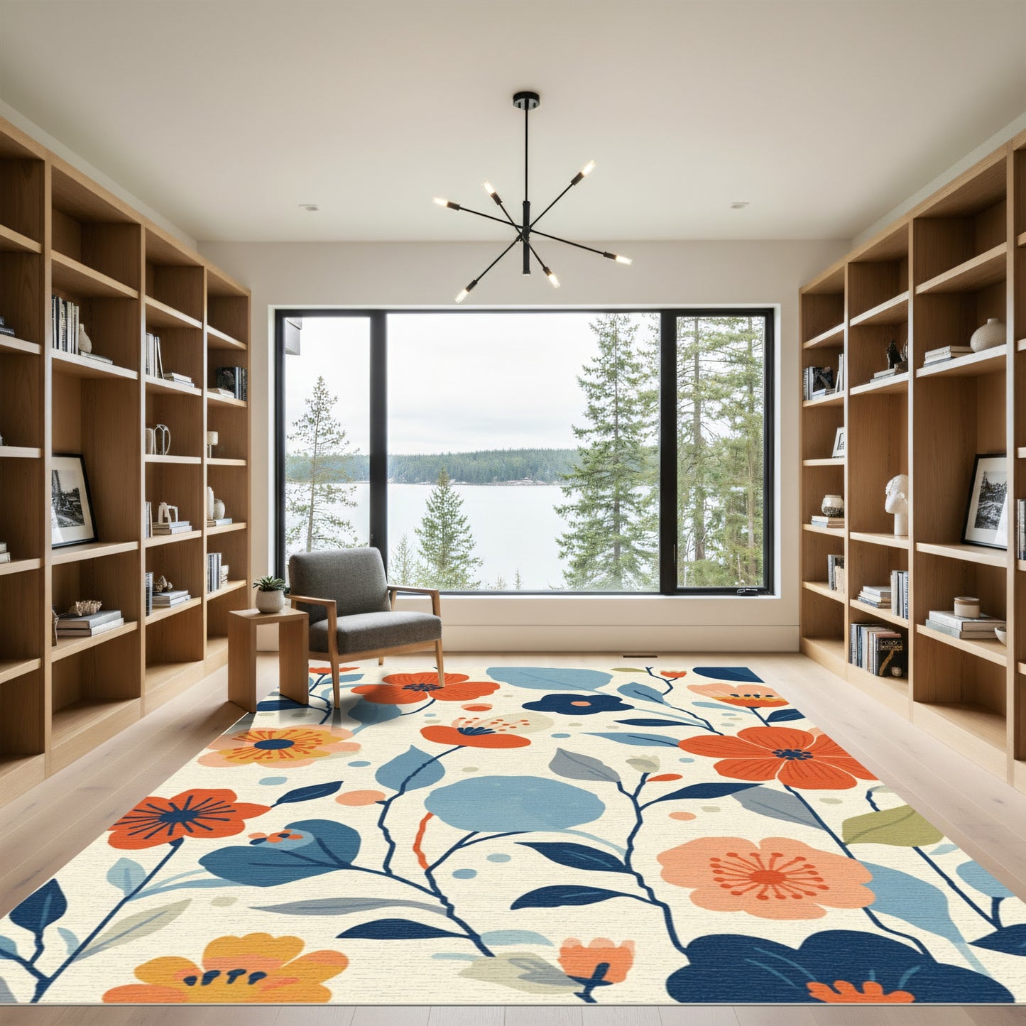 Rustic Orange Blue Floral Blossom Rug