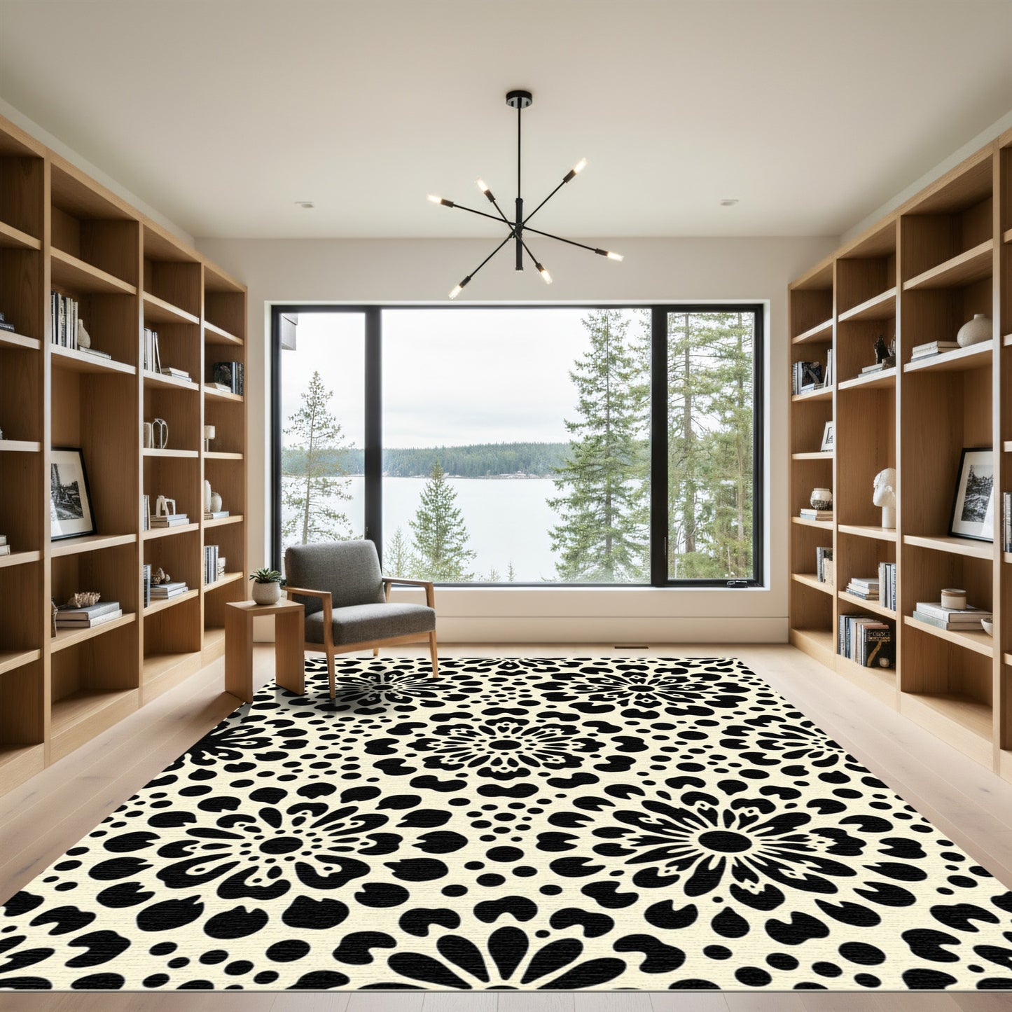Cream Black Floral Dotted Medallion Rug