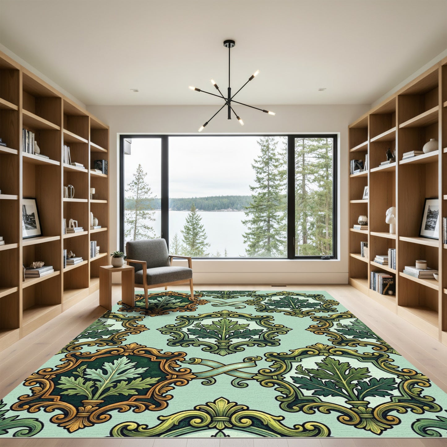 Ornate Green Leaf Scrollwork Rug