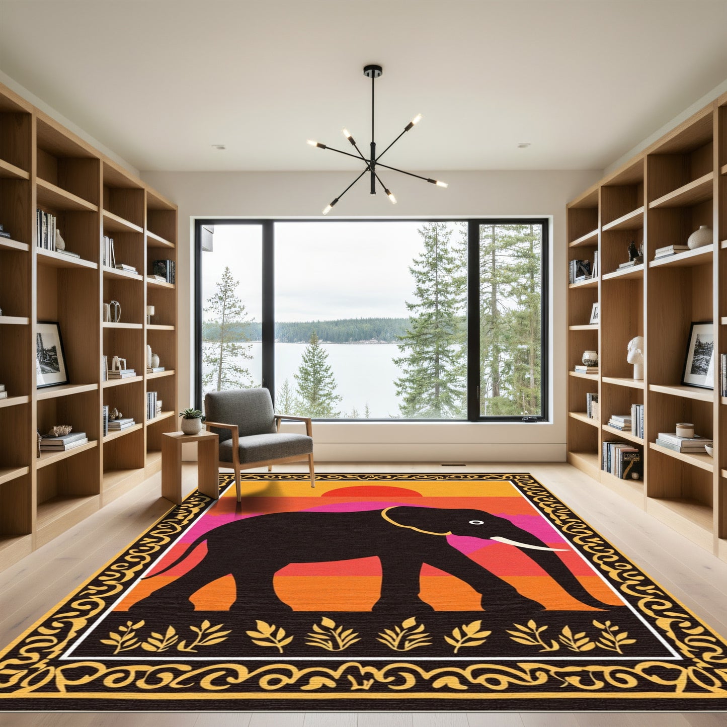 Sunset Elephant Tribal Border Rug