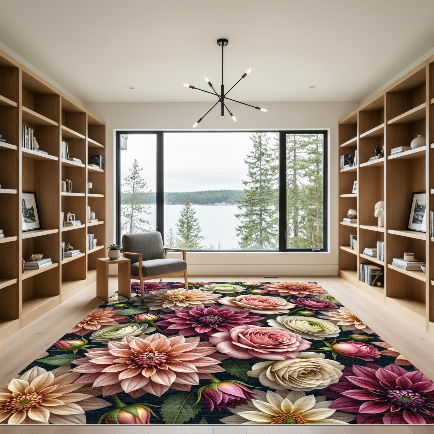 Lush Botanical Dahlia Rose Floral Art Rug
