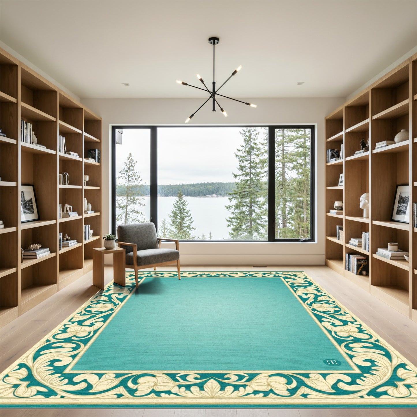 Teal Floral Border Accent Rug