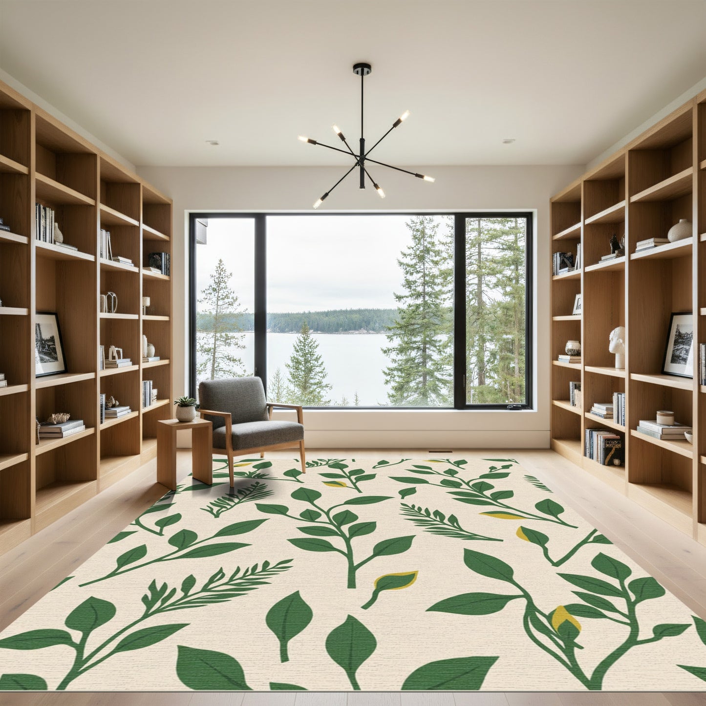 Green Leaf Botanical Branches Cream Rug