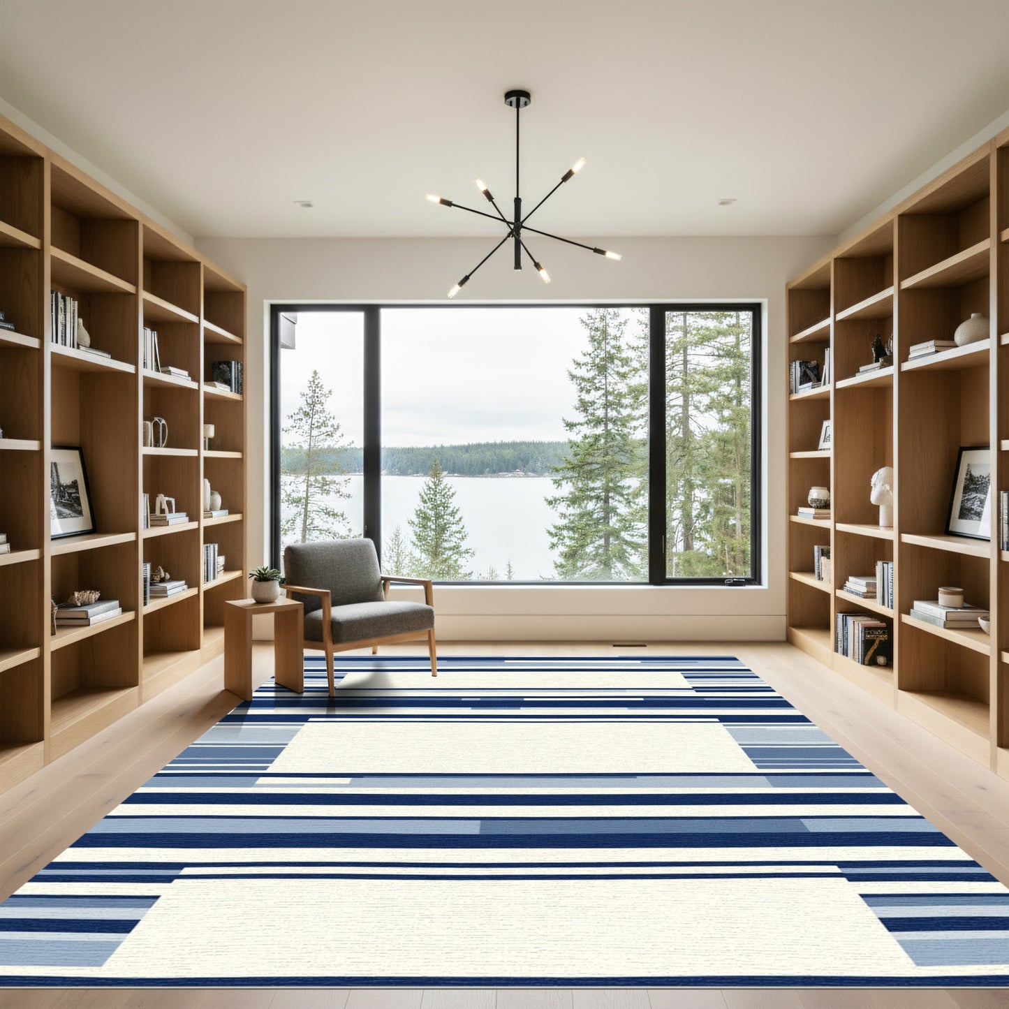 Modern Blue White Horizontal Stripe Rectangles Rug