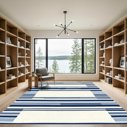 Modern Blue White Horizontal Stripe Rectangles Rug