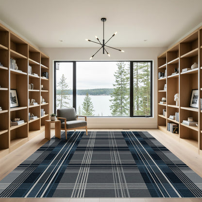 Modern Navy and Charcoal Plaid Grid Rug