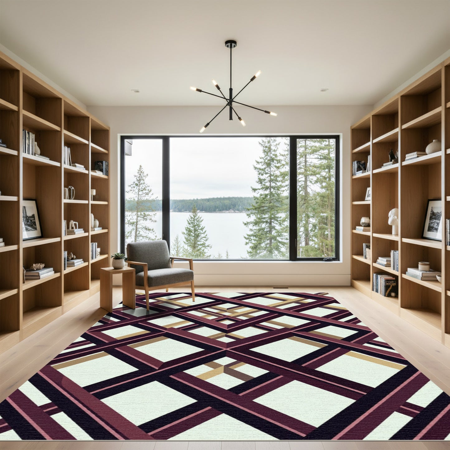 Geometric Lattice Crimson and Golden Abstract Rug