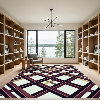 Geometric Lattice Crimson and Golden Abstract Rug