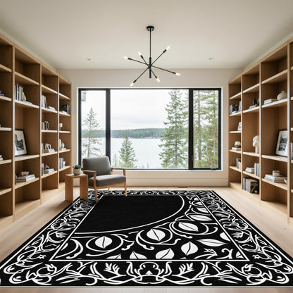 Ornate Black And White Floral Border Rug