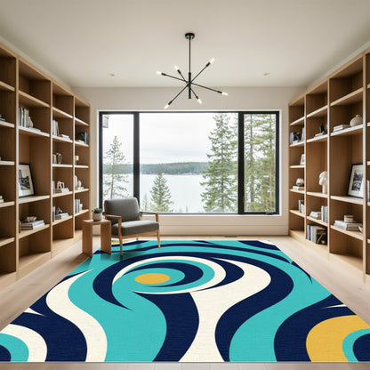 Aqua Navy Gold Swirl Abstract Rug